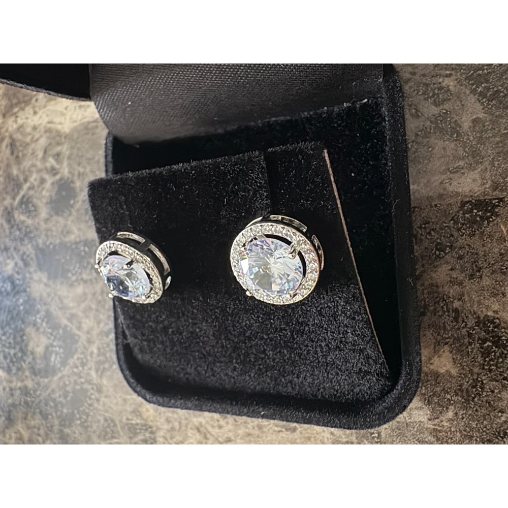 Silver Tone Round Halo Cubic Zirconia Stud Earrings Brilliant Cut Pave Border - Picture 3 of 14